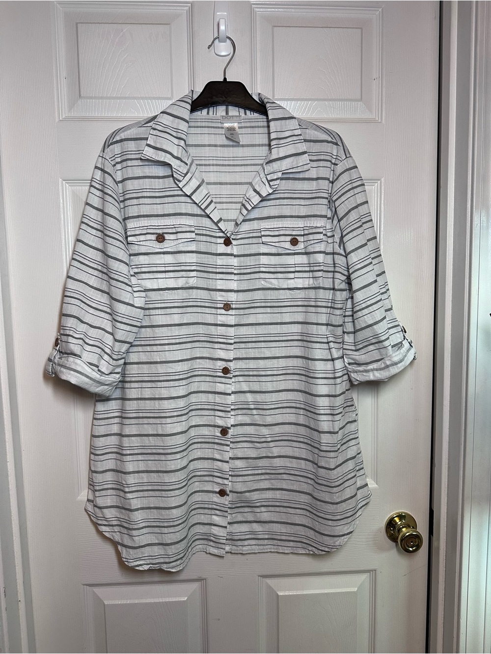 Dotti Shirt Dress Swim Cover Up Tunic Top Button Up Size L White Gray Stripes